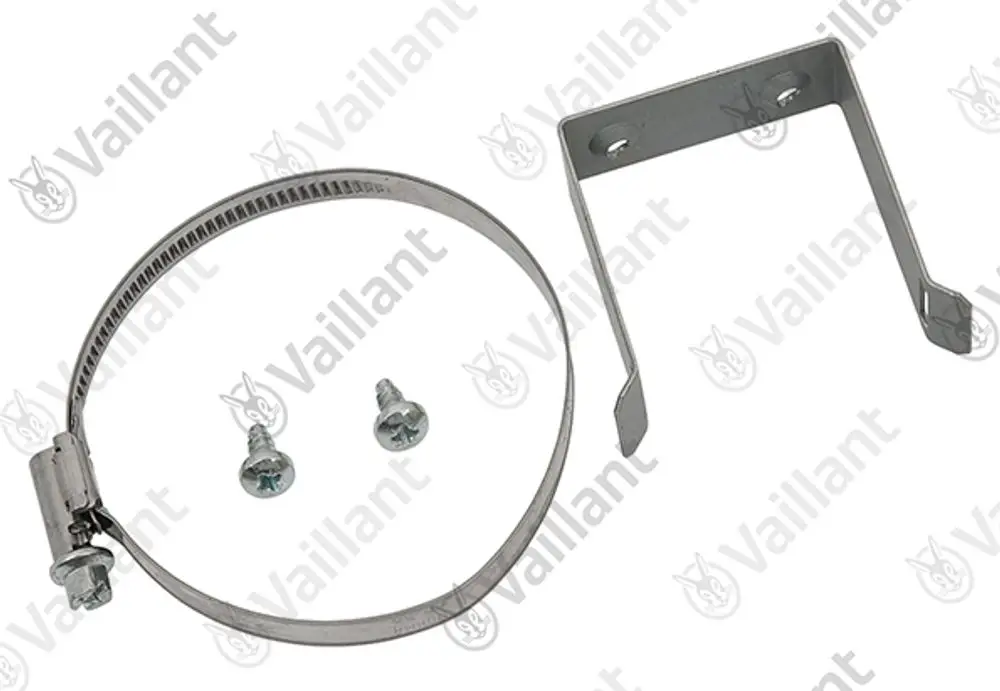 Vaillant Halterset bestehend aus einer Metallhalterung, einem Schlauchschellen und zwei Schrauben, geeignet zur Befestigung von Komponenten.
